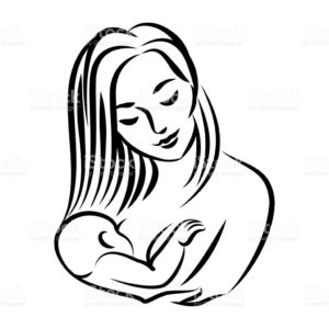 Mother with baby. Stylized outline symbol. Woman breastfeeding child. Motherhood, love, mother care. Silhouette, icon, logo, sign. Vector illustration