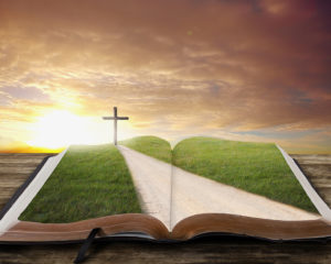 An open Bible with a road and grassy field leading to a cross.